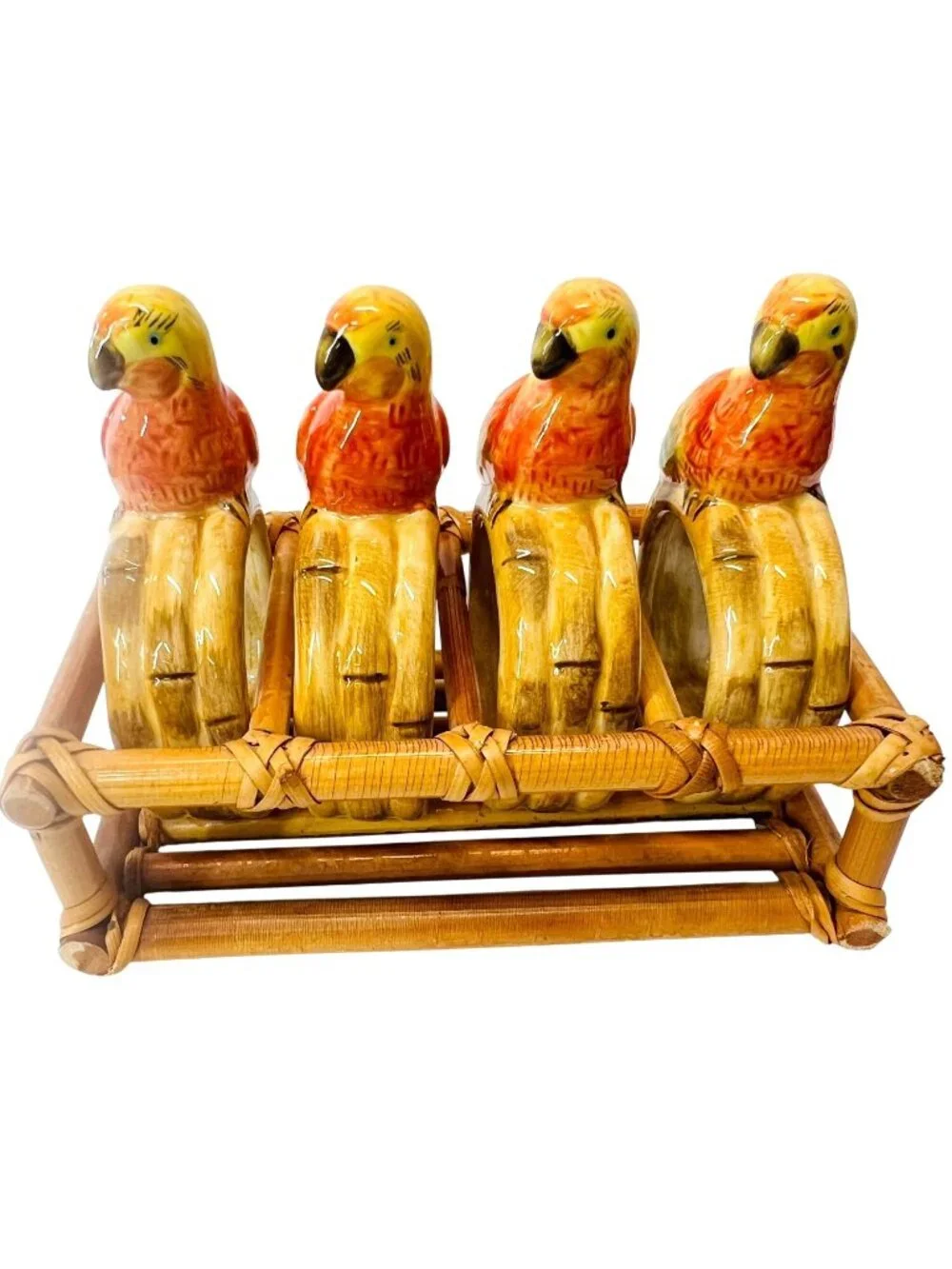 Retro 1980s Ceramic Parrot Napkin Rings & Bamboo Caddy Set MCM Tropical Decor